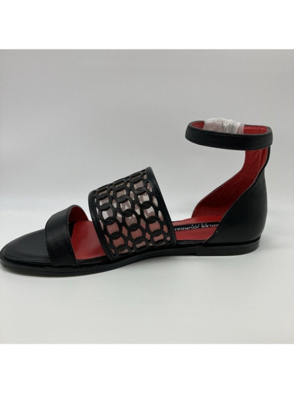 Charles Jourdan Black Laser Cut Sandals Ankle Strap Red Sole Size 6M - T17 - Picture 3 of 10